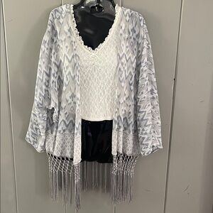 JW Style Blue Gray Chevron Stripe Fringe Boho Duster Coat Girly Romantic Beachy
